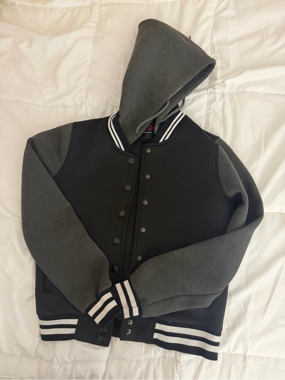 Yoki Black and Gray Hooded Varsity Bomber Jacket